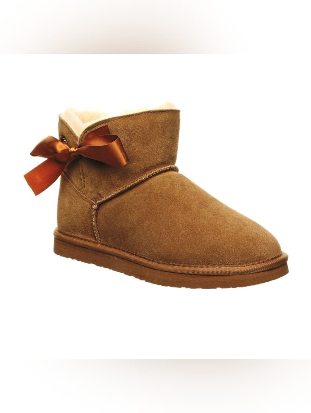 PAWZ Chestnut Suede Ankle Boot with Satin Bow Accent
